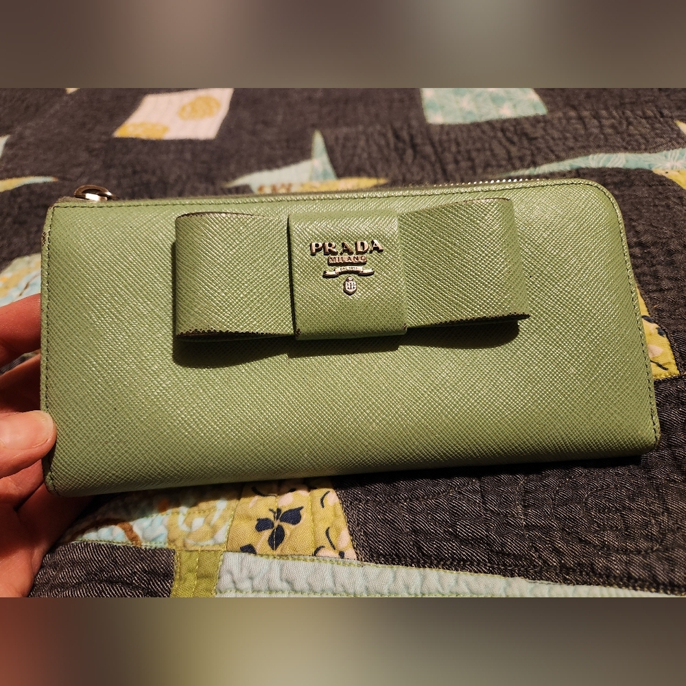 SOLD! Prada Light Green Saffiano Leather Bow Continental Wallet